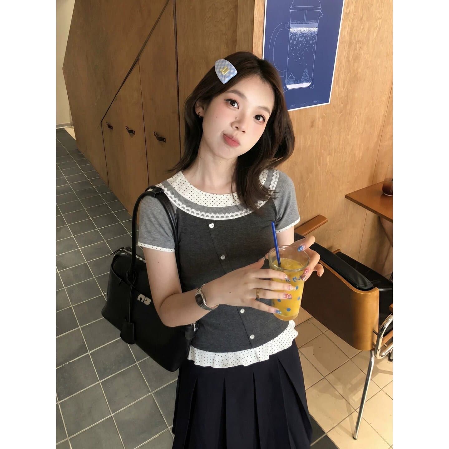 210 그램 40 좋은 면 반팔 티셔츠 일반 몸매 가꾸기 레이스 조각 페이크 레이어드 이미지 4