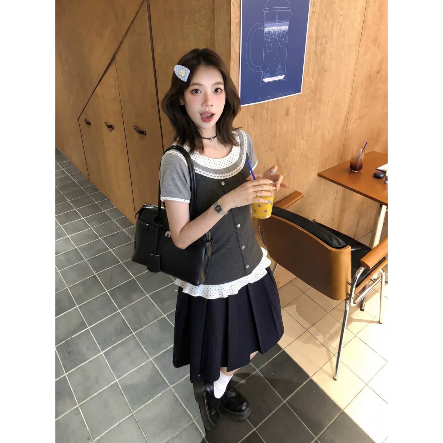 210 그램 40 좋은 면 반팔 티셔츠 일반 몸매 가꾸기 레이스 조각 페이크 레이어드 이미지 5