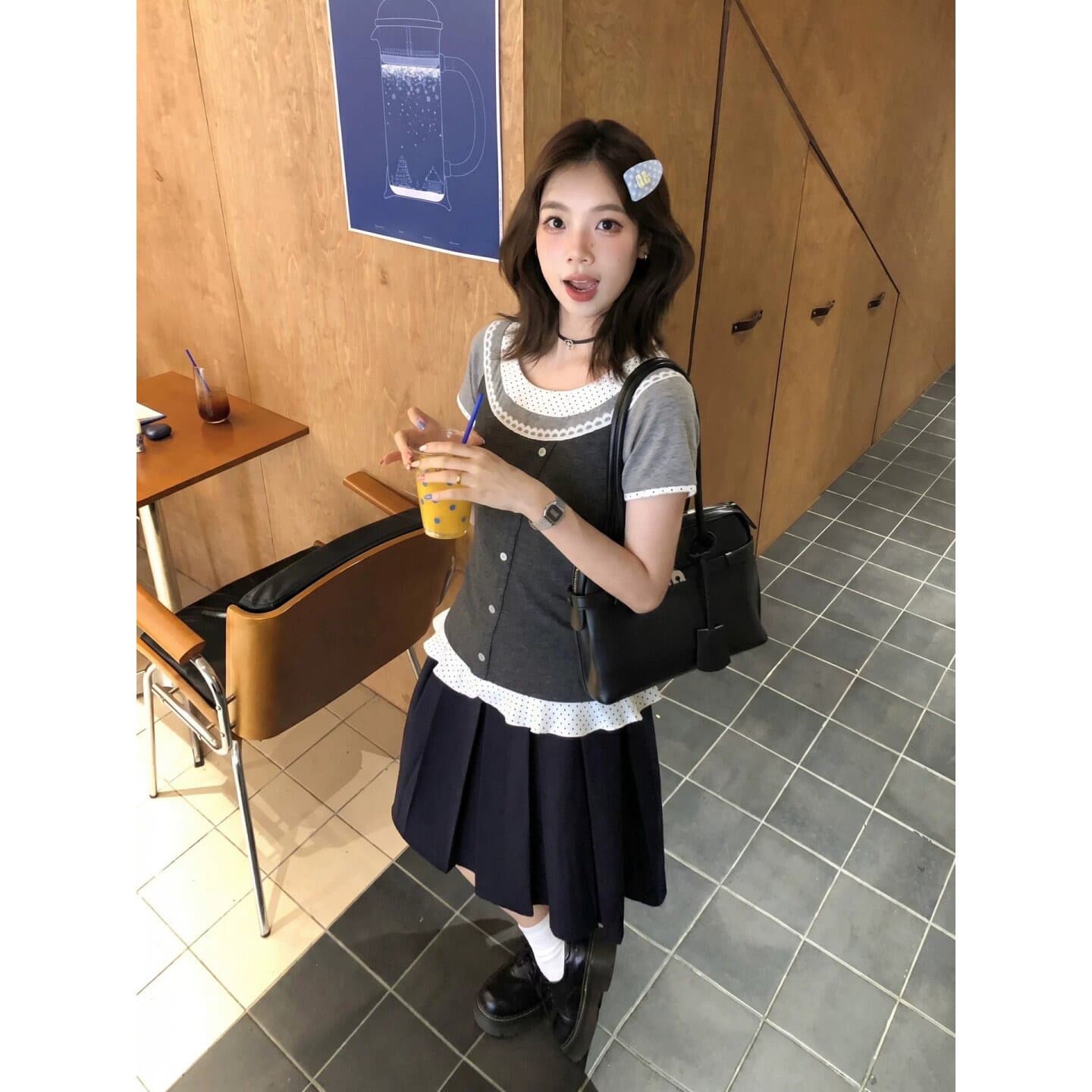 210 그램 40 좋은 면 반팔 티셔츠 일반 몸매 가꾸기 레이스 조각 페이크 레이어드 상세 이미지 2