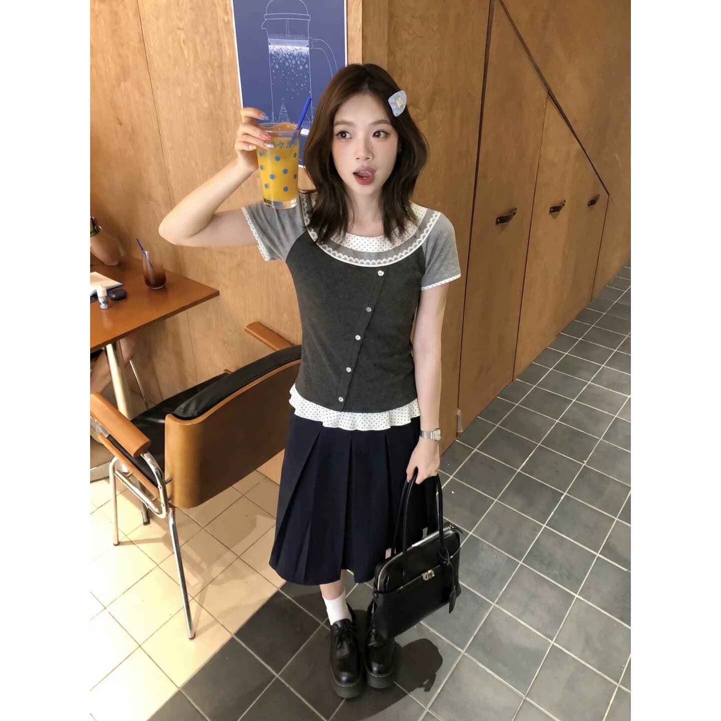 210 그램 40 좋은 면 반팔 티셔츠 일반 몸매 가꾸기 레이스 조각 페이크 레이어드 상세 이미지 3