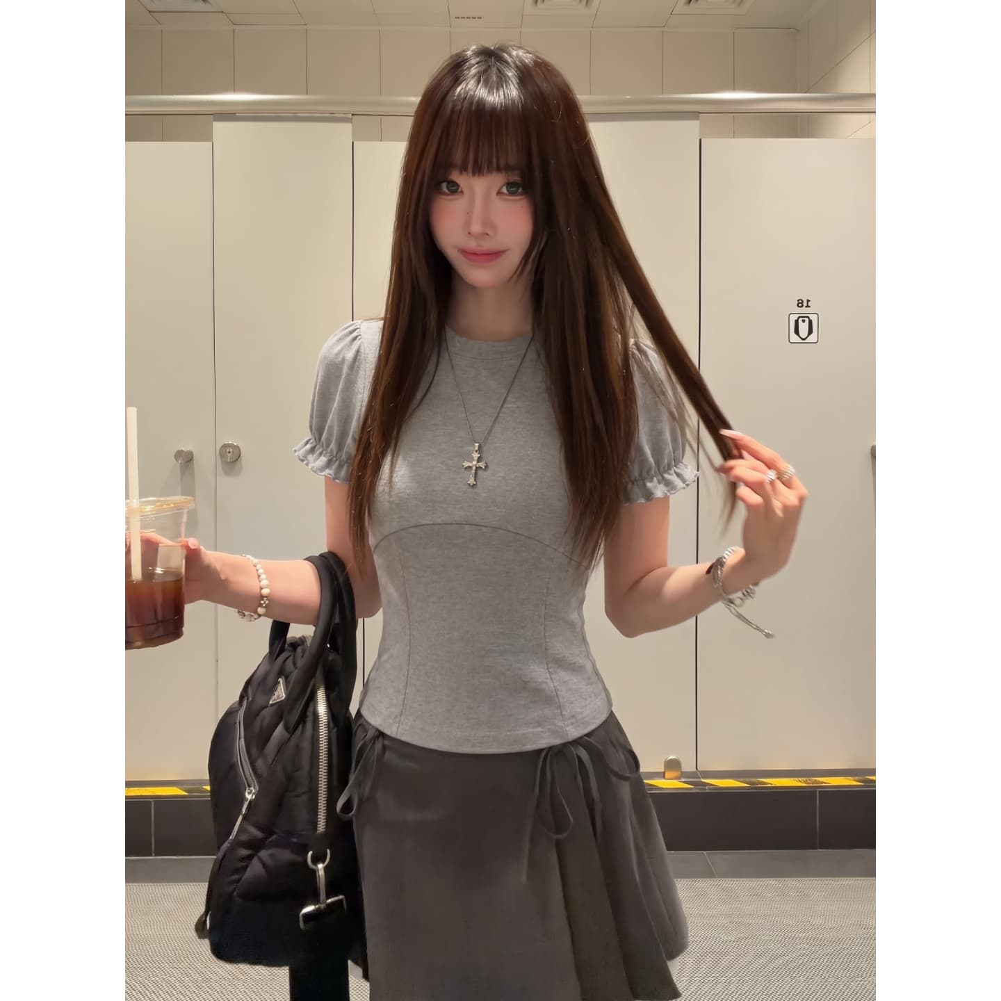 220 톰 글 래 카드 면 반팔 티셔츠 몸매 가꾸기 허리 수축 라운드 넥 거품 소매 이미지 2