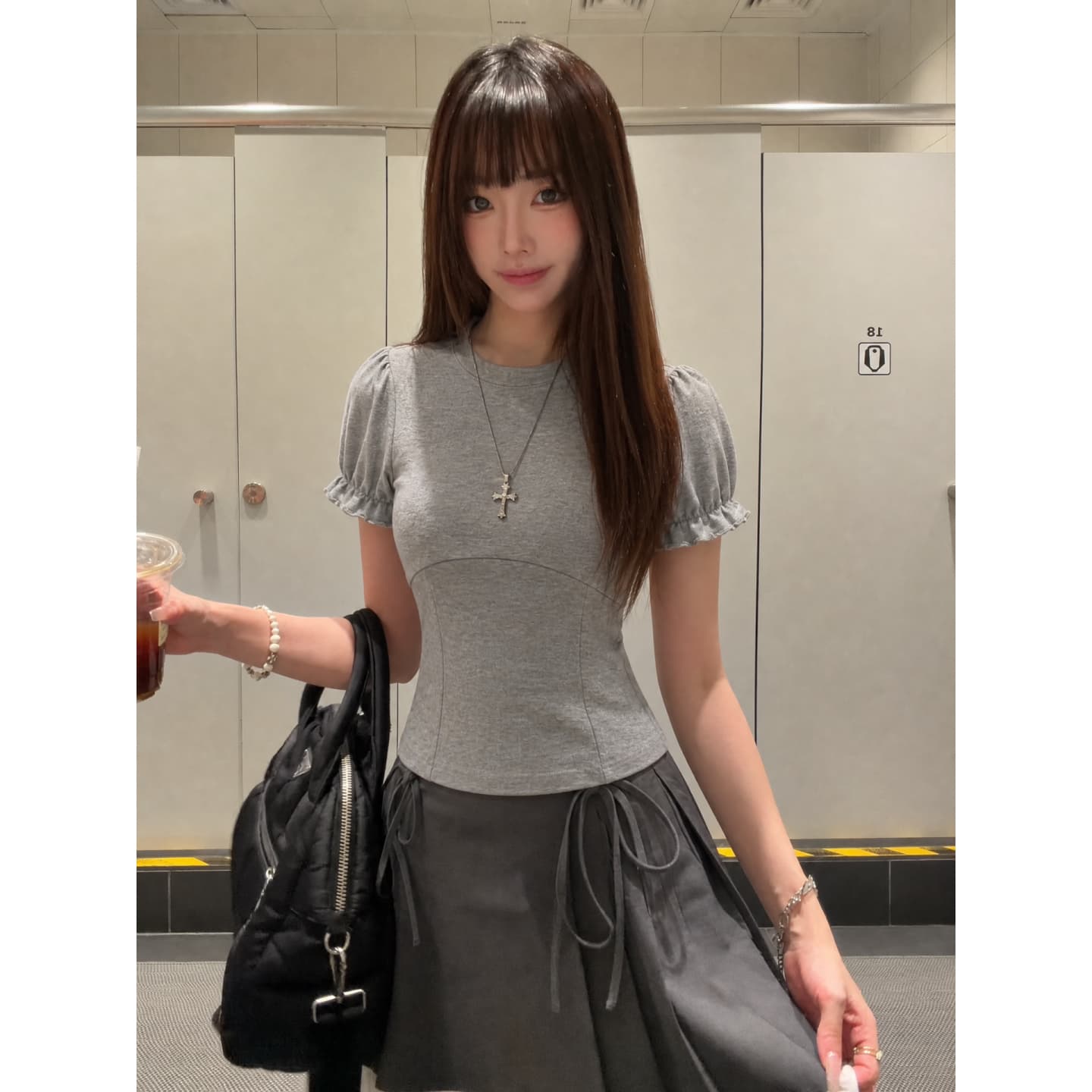 220 톰 글 래 카드 면 반팔 티셔츠 몸매 가꾸기 허리 수축 라운드 넥 거품 소매 상세 이미지 1