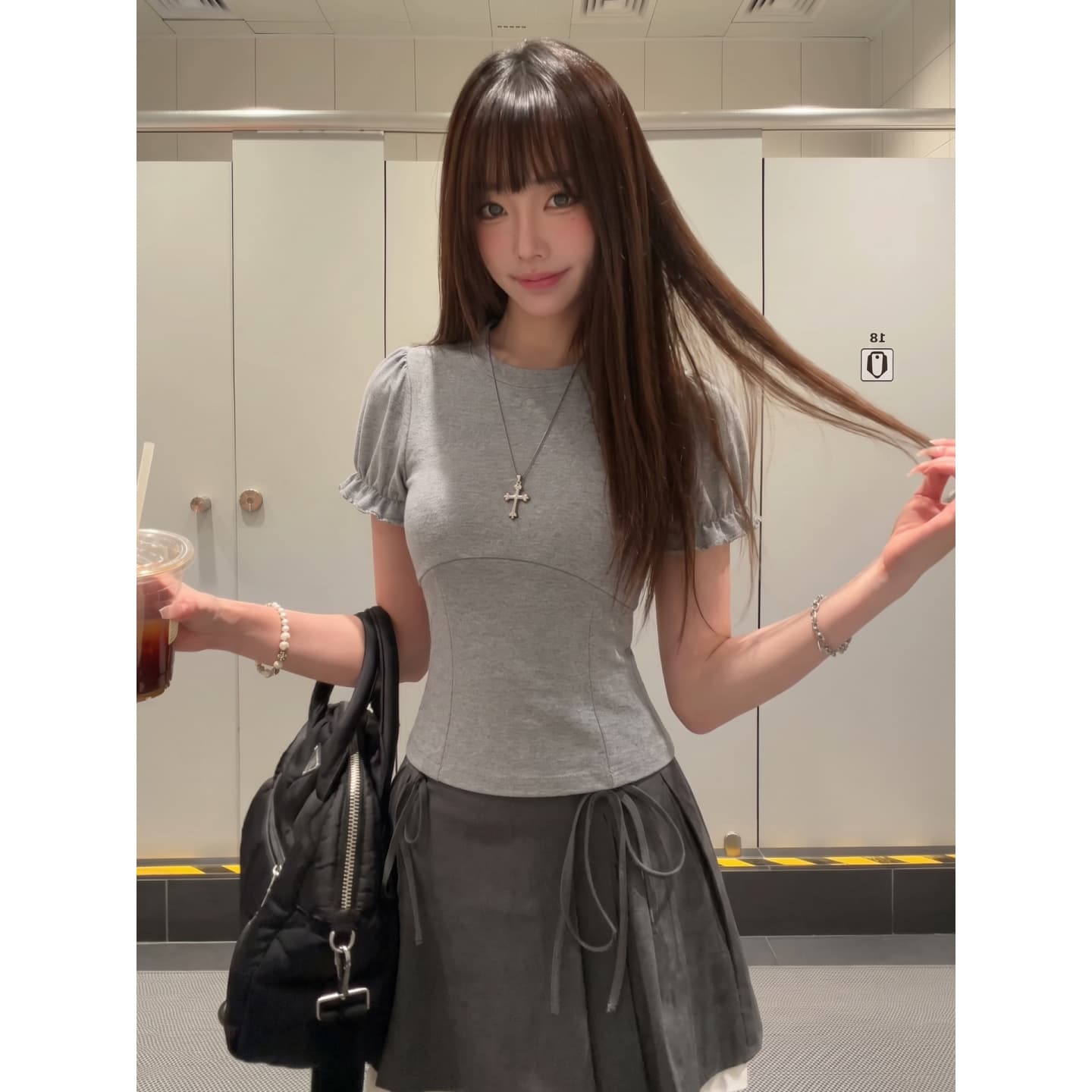 220 톰 글 래 카드 면 반팔 티셔츠 몸매 가꾸기 허리 수축 라운드 넥 거품 소매 상세 이미지 3