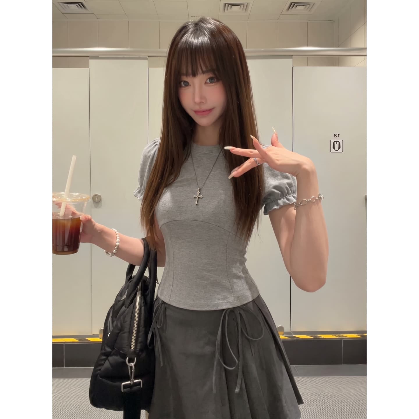 220 톰 글 래 카드 면 반팔 티셔츠 몸매 가꾸기 허리 수축 라운드 넥 거품 소매 상세 이미지 4
