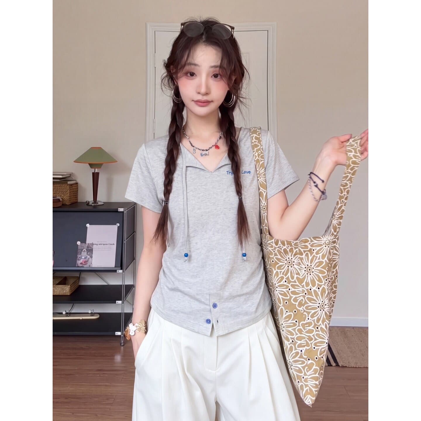 160 그램 아마 색상 포인트 긍정적 인 어깨 티셔츠 일반 몸매 가꾸기 펌프 로프 V넥 반팔 이미지 3