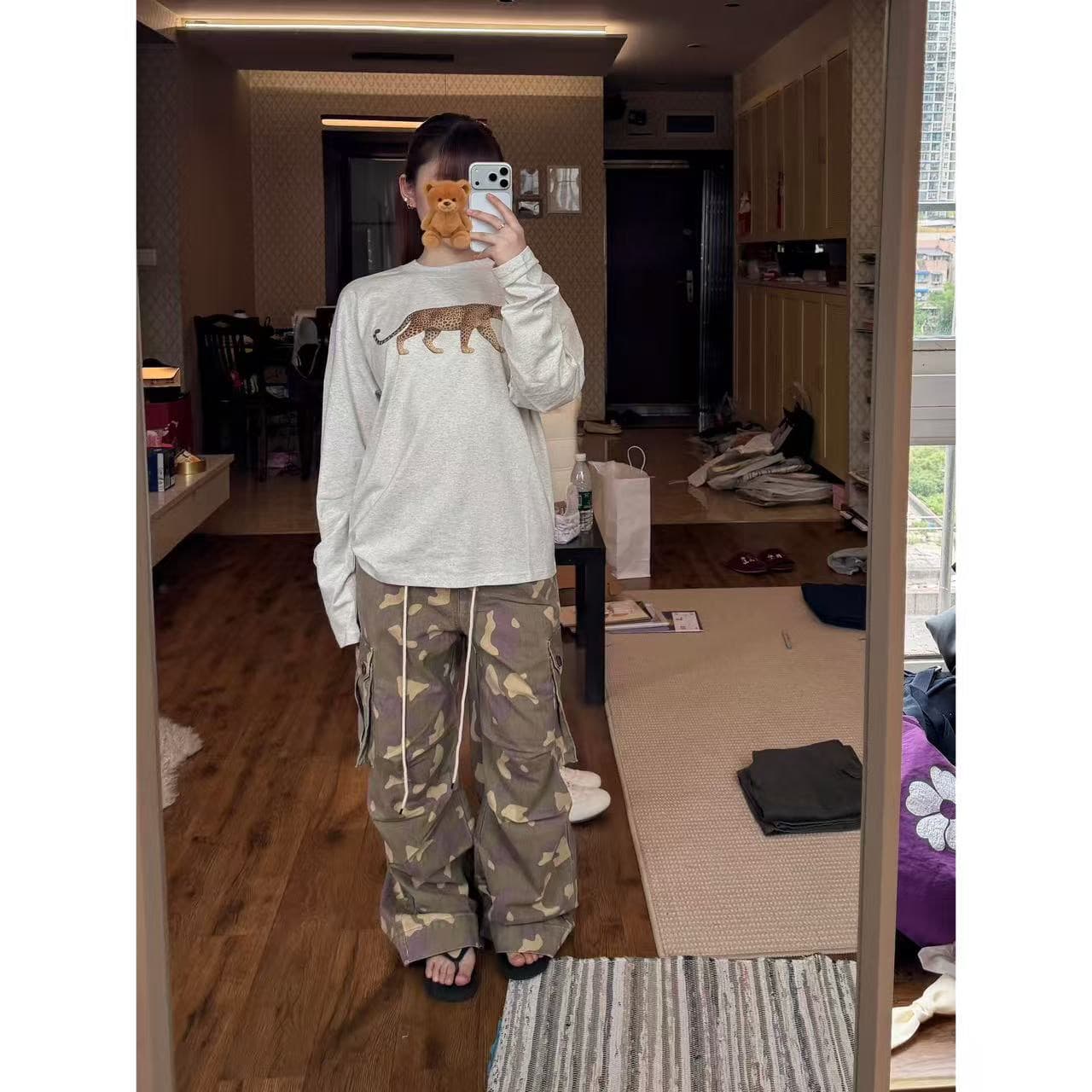 순면 200그램 21 빗질하다 정밀 프린트 가을 루즈핏 긴팔 티셔츠 여성 이미지 4