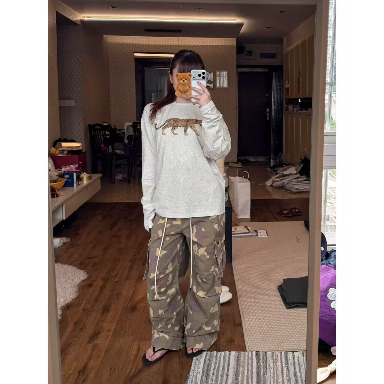 순면 200그램 21 빗질하다 정밀 프린트 가을 루즈핏 긴팔 티셔츠 여성 상세 이미지 2