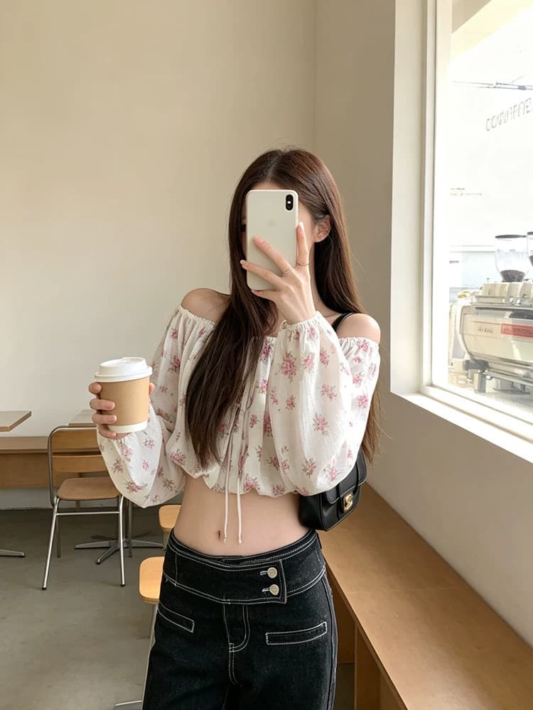 프랑스식 섹시함 꽃무늬 긴팔 여성 셔츠 여름 순수한 욕망 달콤함 슬림해 보이는 오프숄더 쇼트 스타일 맨위