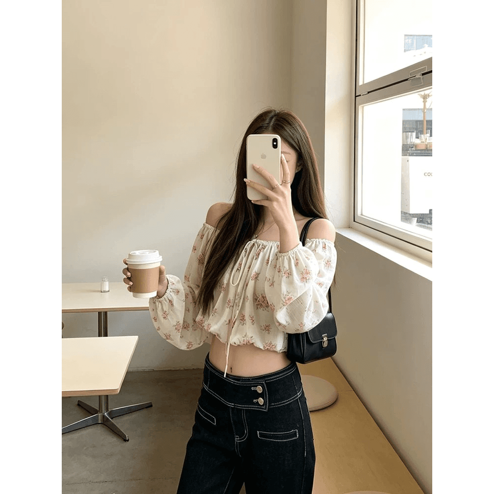 프랑스식 섹시함 꽃무늬 긴팔 여성 셔츠 여름 순수한 욕망 달콤함 슬림해 보이는 오프숄더 쇼트 스타일 맨위 이미지 5