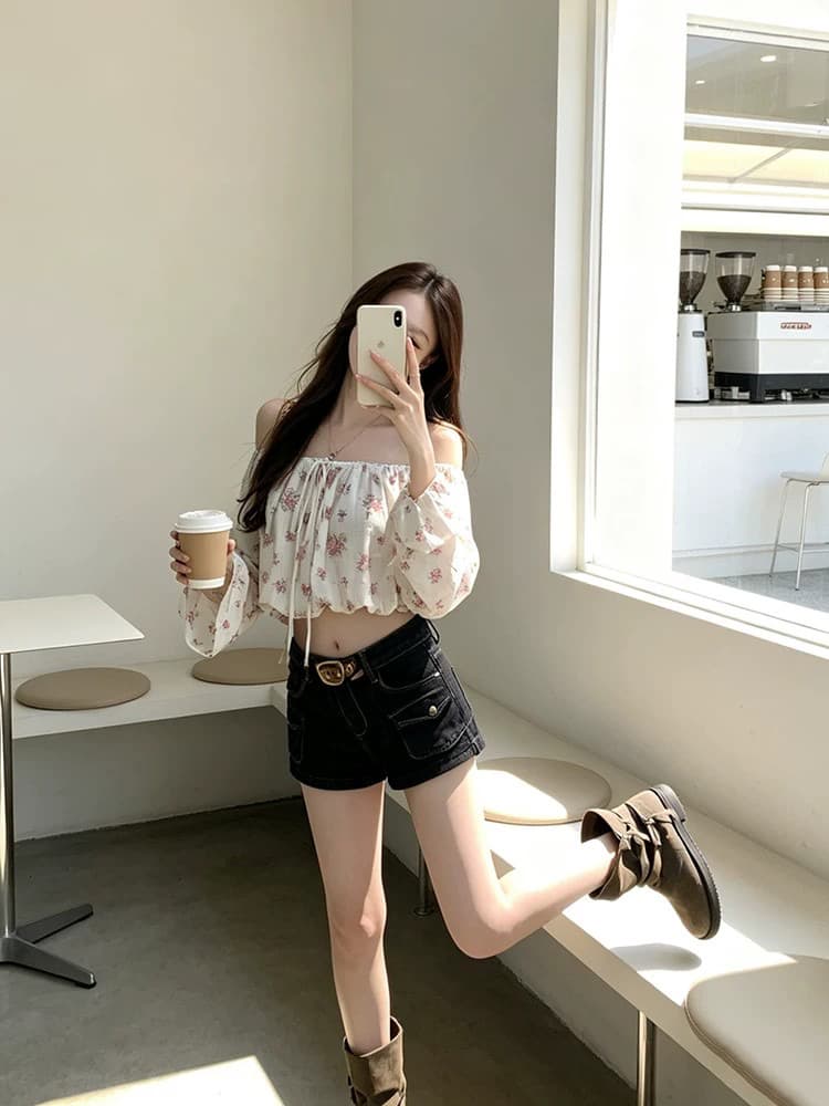 프랑스식 섹시함 꽃무늬 긴팔 여성 셔츠 여름 순수한 욕망 달콤함 슬림해 보이는 오프숄더 쇼트 스타일 맨위 상세 이미지 2