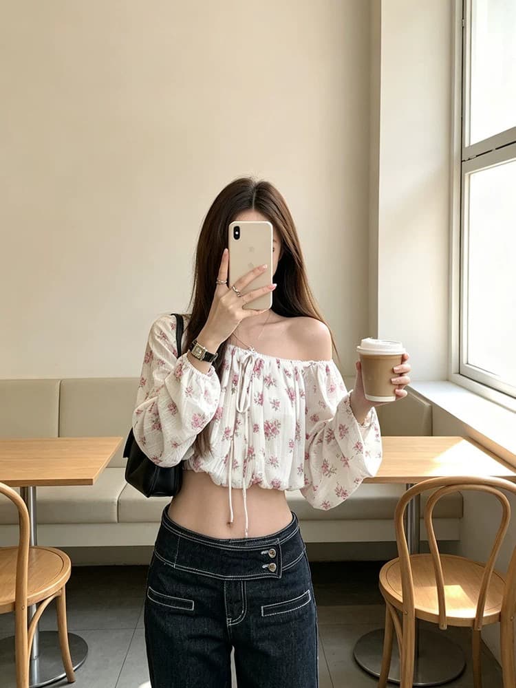 프랑스식 섹시함 꽃무늬 긴팔 여성 셔츠 여름 순수한 욕망 달콤함 슬림해 보이는 오프숄더 쇼트 스타일 맨위 상세 이미지 3