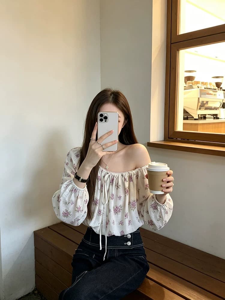 프랑스식 섹시함 꽃무늬 긴팔 여성 셔츠 여름 순수한 욕망 달콤함 슬림해 보이는 오프숄더 쇼트 스타일 맨위 상세 이미지 4