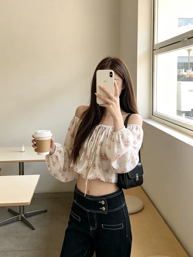 프랑스식 섹시함 꽃무늬 긴팔 여성 셔츠 여름 순수한 욕망 달콤함 슬림해 보이는 오프숄더 쇼트 스타일 맨위 상세 이미지 5
