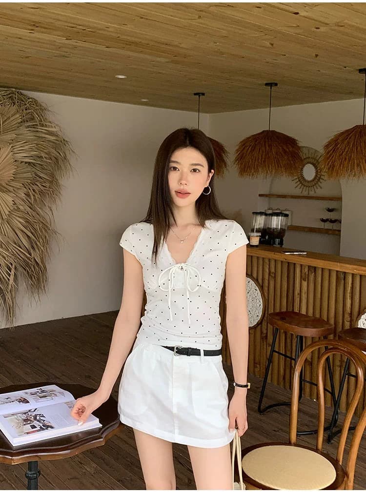 260 그램 와 사고 방식 여름 새로운 도트 무늬 V넥 레이스 측면 반팔 티셔츠 여성 짧은 몸매 가꾸기 슬림해 보이는 맨위 상세 이미지 3