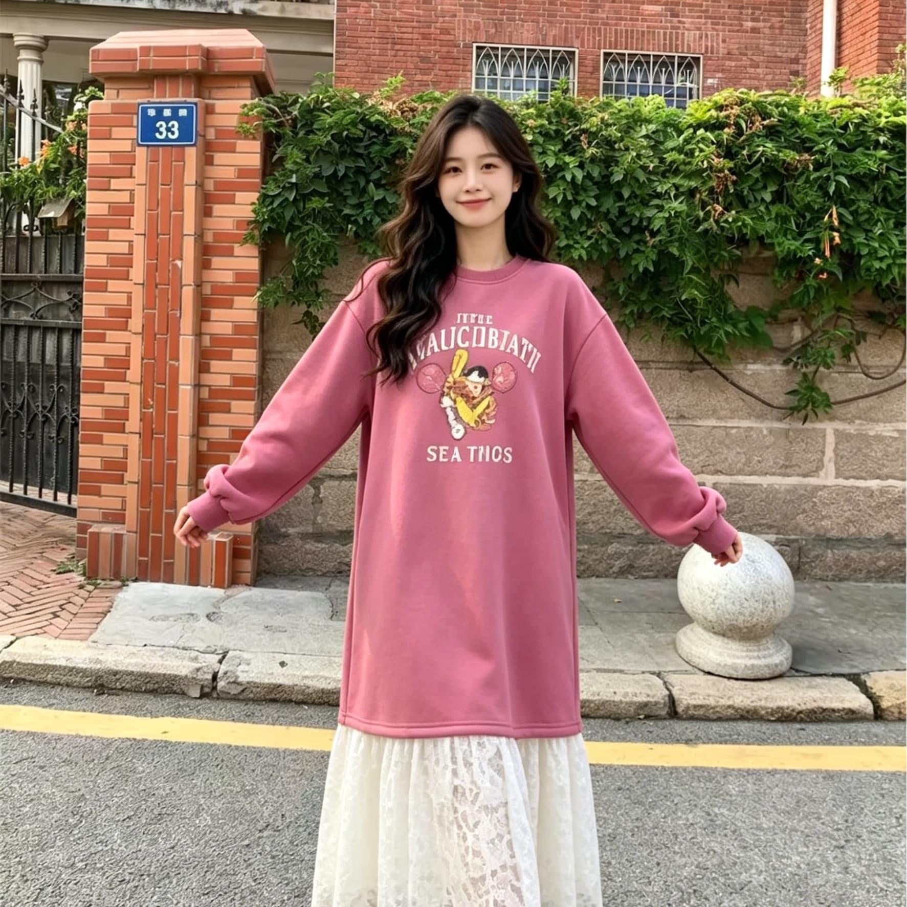한 부서 느긋한 바람 만화 알파벳 의류 드레스 패치워크 화이트 레이스 드레스 루즈핏 슬림해 보이는 부드러운 치마 이미지 2