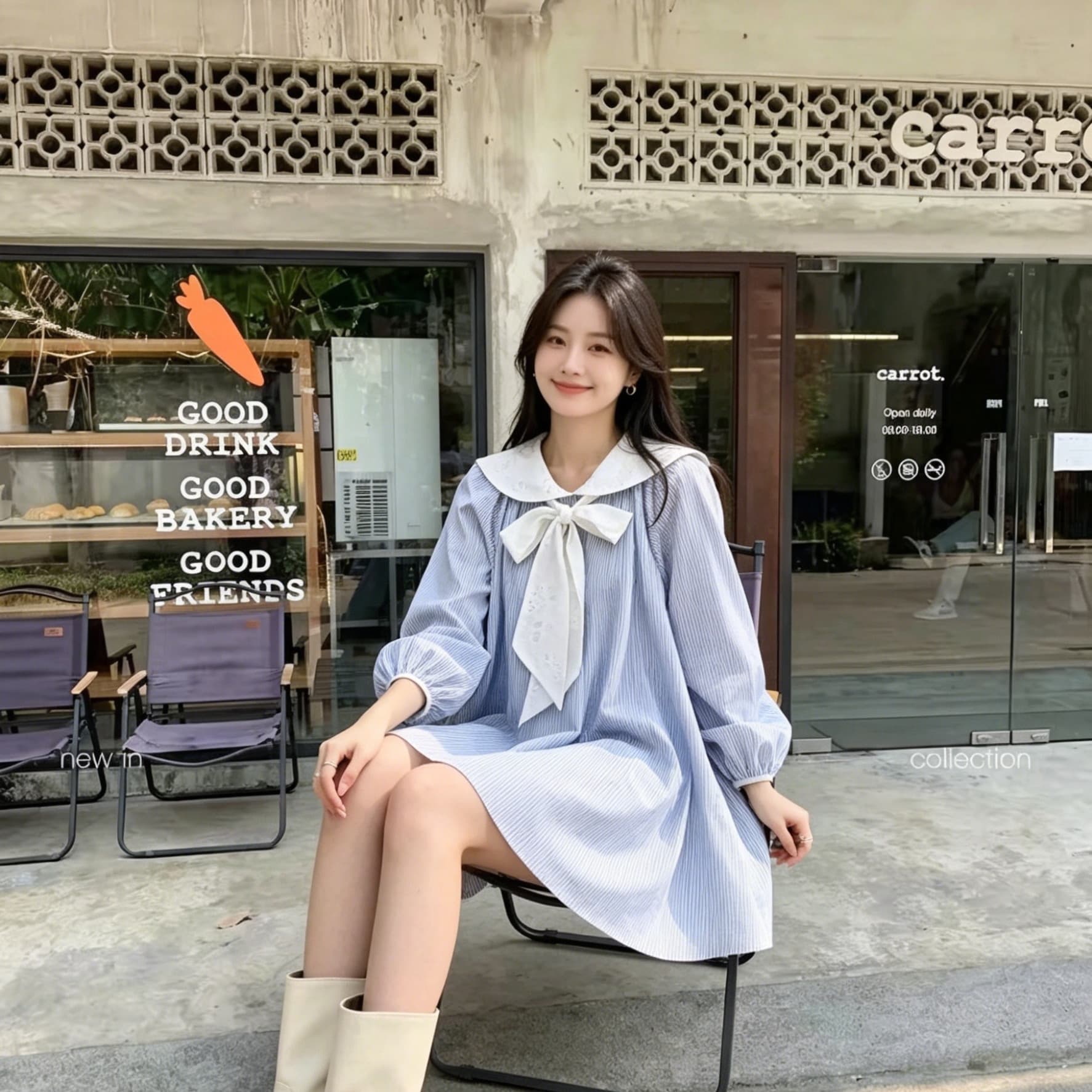 한 부서 신선함 블루 화이트 세로 줄무늬 베이비 칼라 드레스 대 버블 긴팔 루즈핏 a 작은 키 연령 감소 미니 스커트 이미지 2