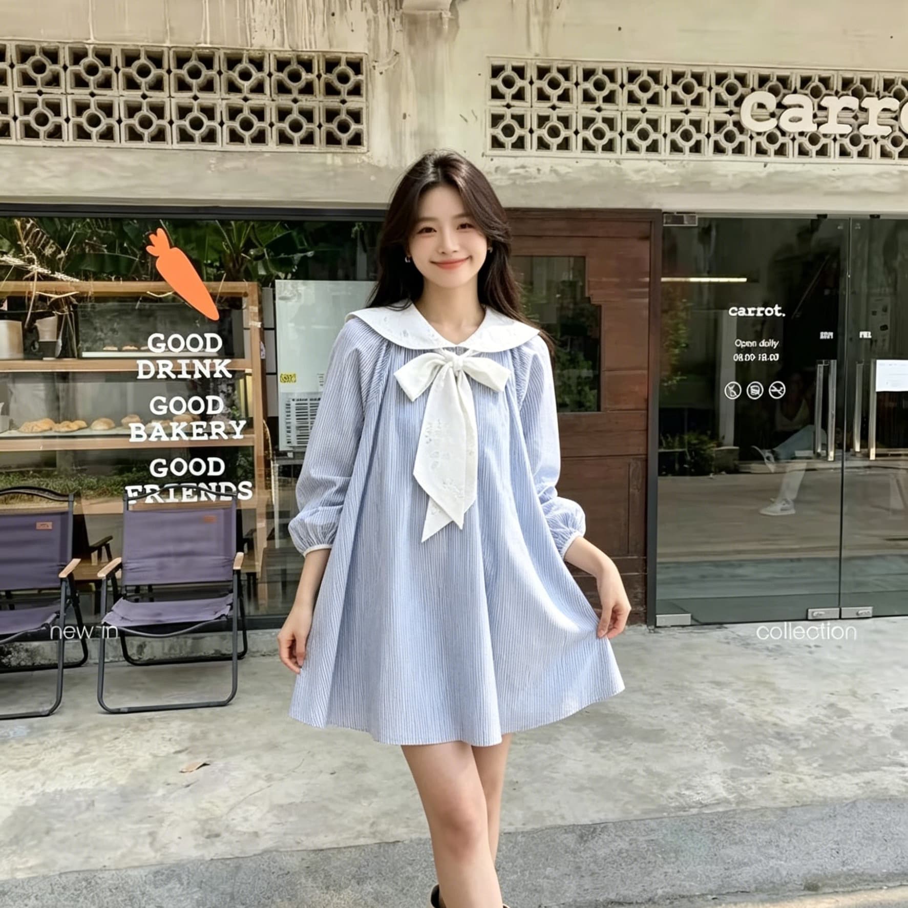 한 부서 신선함 블루 화이트 세로 줄무늬 베이비 칼라 드레스 대 버블 긴팔 루즈핏 a 작은 키 연령 감소 미니 스커트 상세 이미지 1
