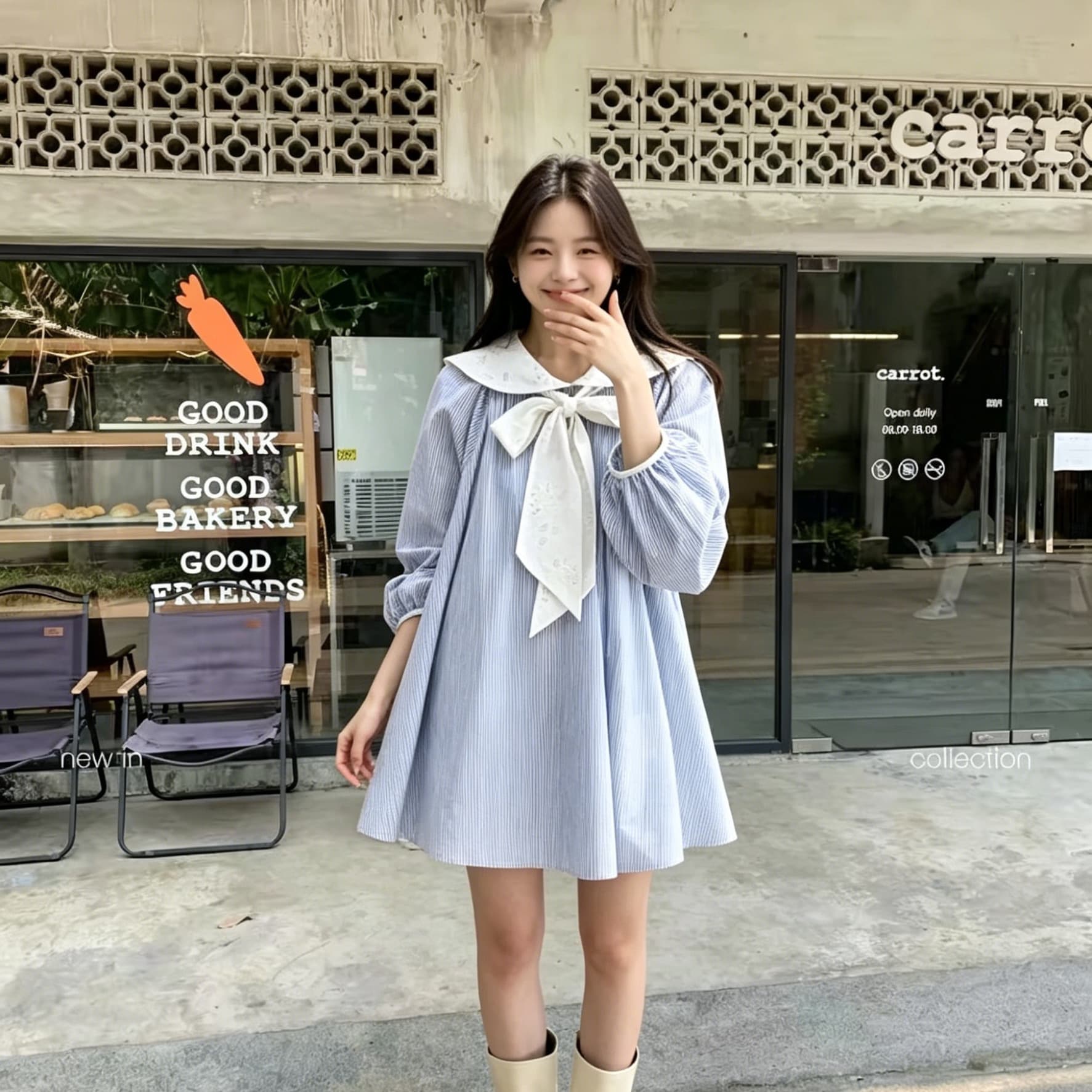 한 부서 신선함 블루 화이트 세로 줄무늬 베이비 칼라 드레스 대 버블 긴팔 루즈핏 a 작은 키 연령 감소 미니 스커트 상세 이미지 3