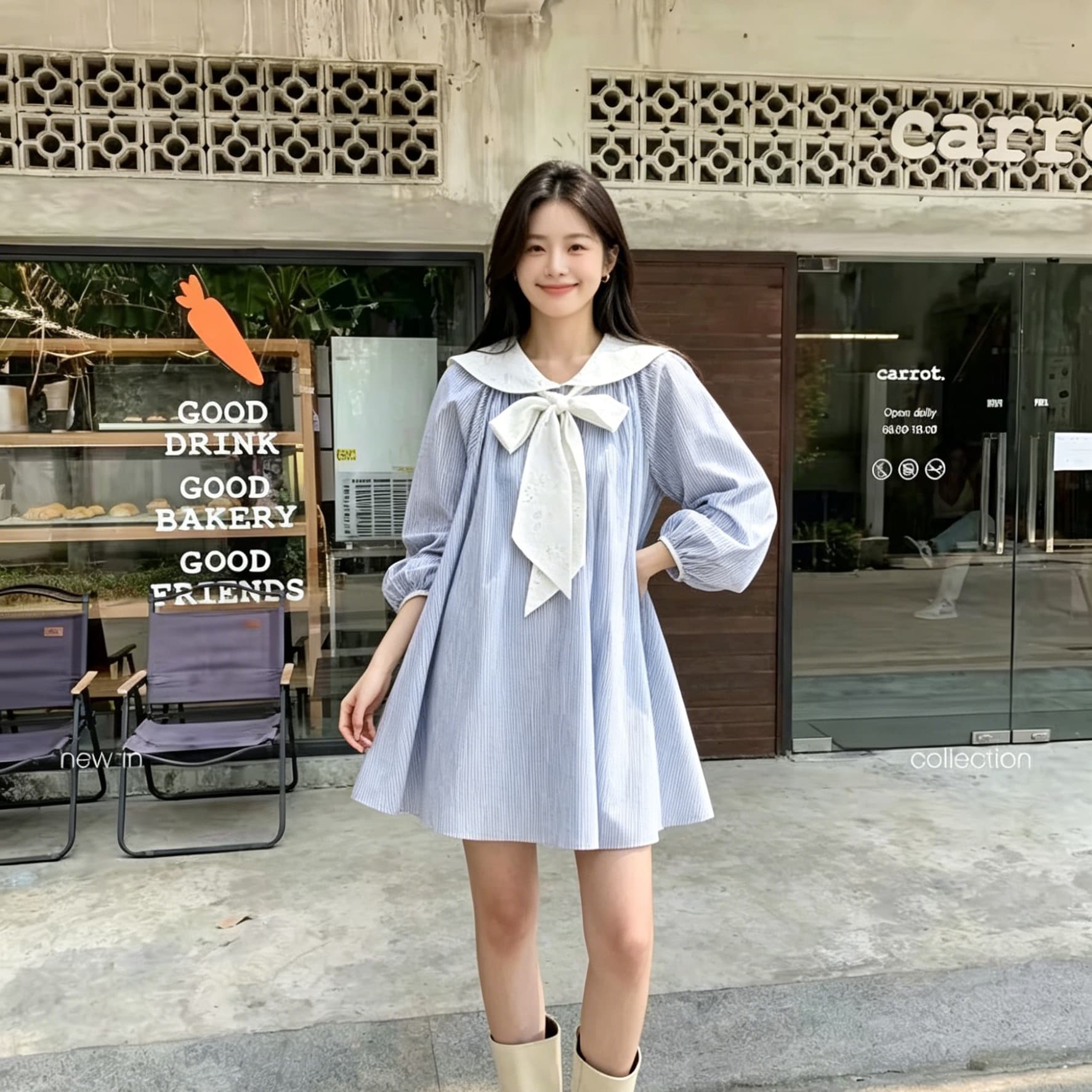 한 부서 신선함 블루 화이트 세로 줄무늬 베이비 칼라 드레스 대 버블 긴팔 루즈핏 a 작은 키 연령 감소 미니 스커트 상세 이미지 4