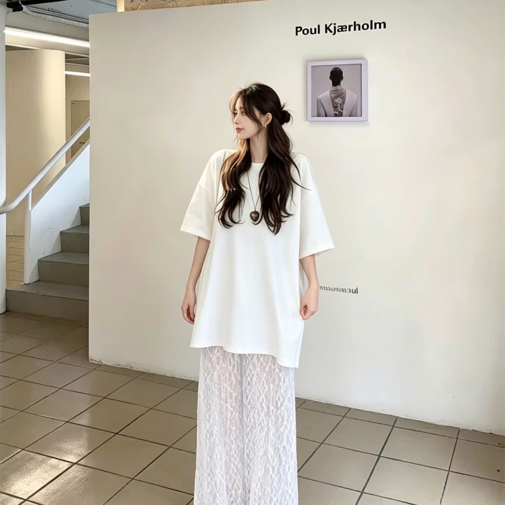 느긋한 바람 패치워크 여성 드레스 여름 루즈핏 반팔 페이크 레이어드 홀로우 아웃 레이스 드레스 표지 고기 슬림해 보이는 이미지 5