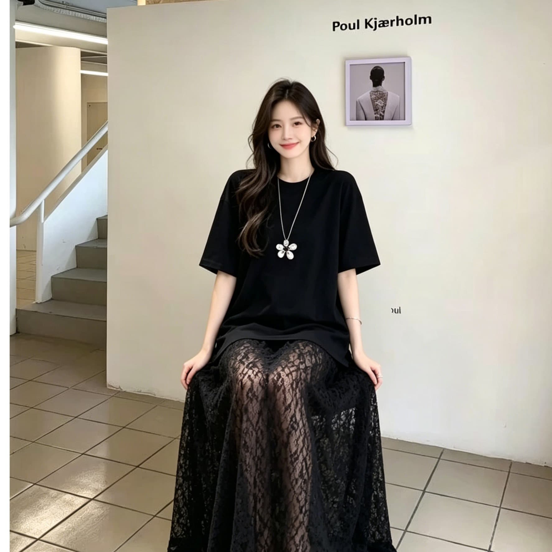 느긋한 바람 패치워크 여성 드레스 여름 루즈핏 반팔 페이크 레이어드 홀로우 아웃 레이스 드레스 표지 고기 슬림해 보이는 상세 이미지 3