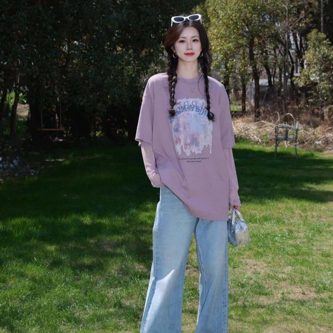 순면 보라색 반팔 티셔츠 여성 의류 여름 새로운 페이크 레이어드 패치워크 망사 자외선 차단 소매 폭발 맨위 상세 이미지 2