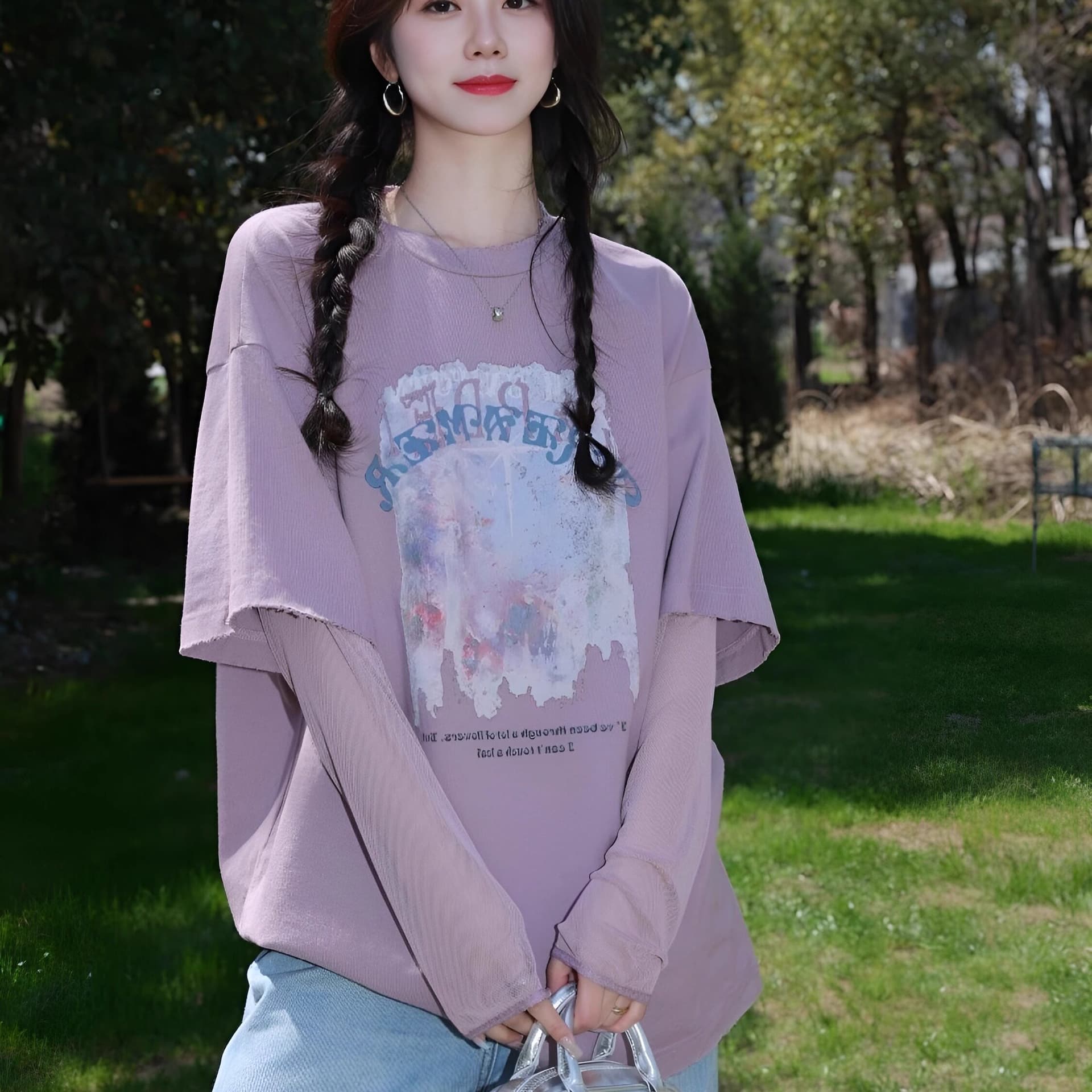 순면 보라색 반팔 티셔츠 여성 의류 여름 새로운 페이크 레이어드 패치워크 망사 자외선 차단 소매 폭발 맨위 상세 이미지 3
