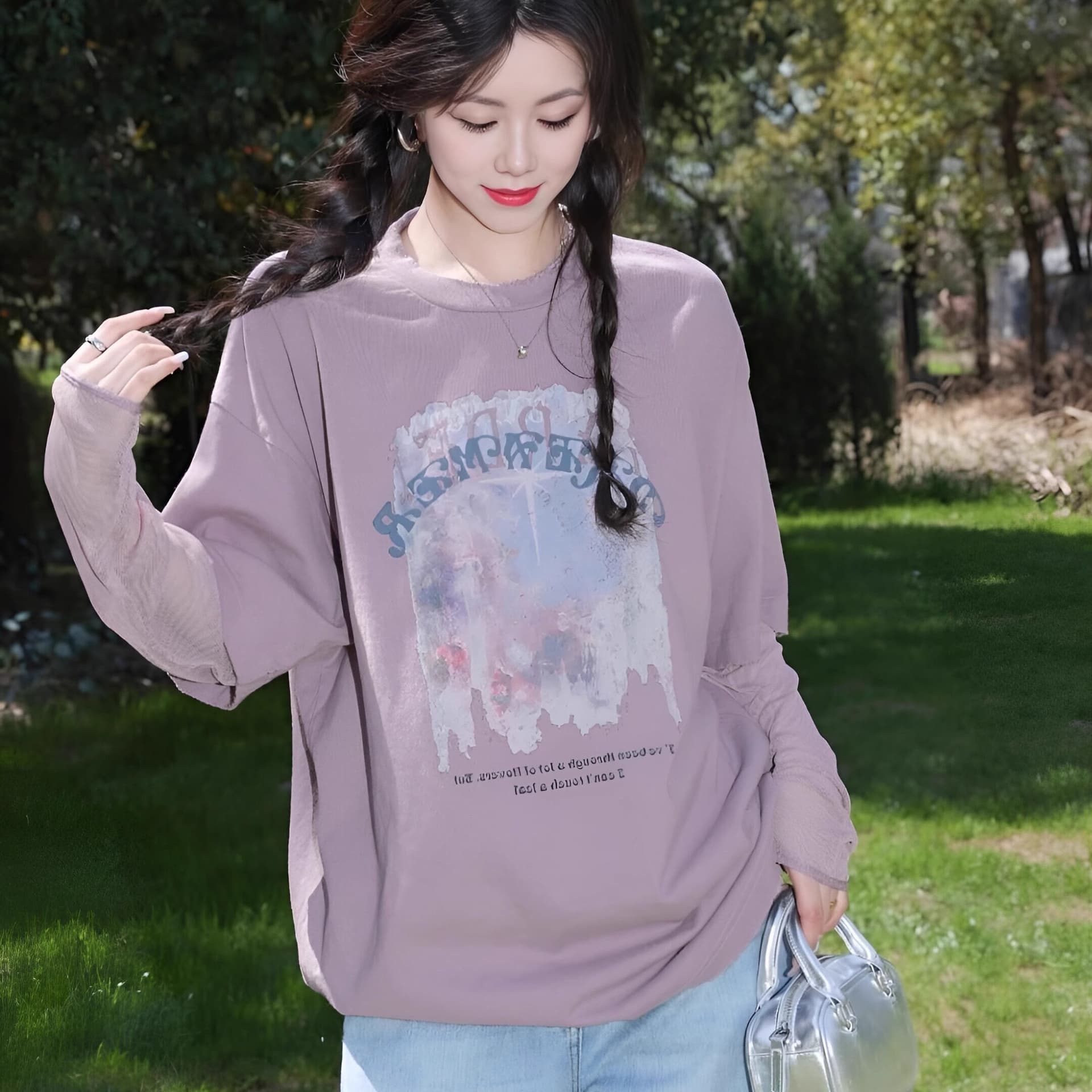 순면 보라색 반팔 티셔츠 여성 의류 여름 새로운 페이크 레이어드 패치워크 망사 자외선 차단 소매 폭발 맨위 상세 이미지 4