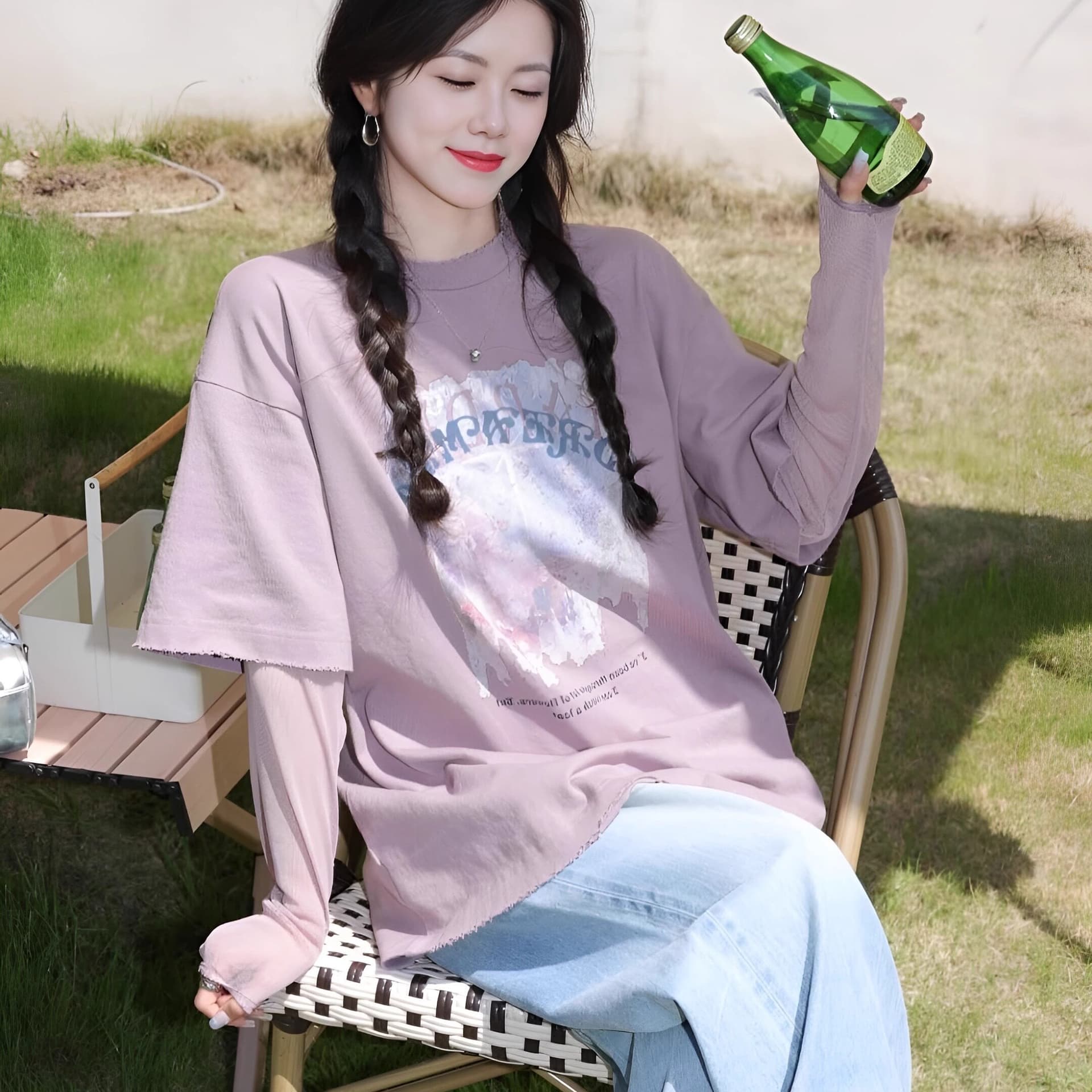 순면 보라색 반팔 티셔츠 여성 의류 여름 새로운 페이크 레이어드 패치워크 망사 자외선 차단 소매 폭발 맨위 상세 이미지 5