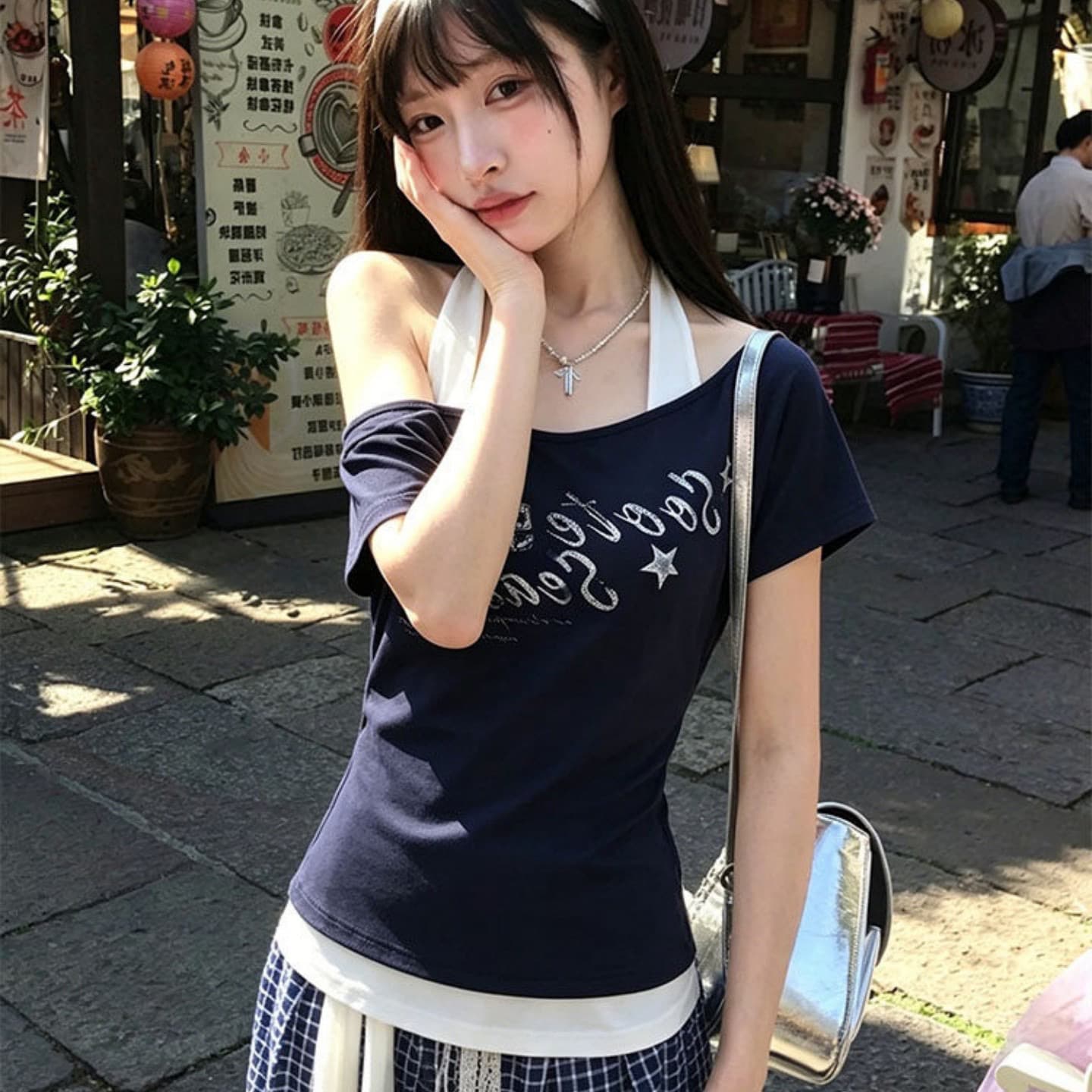 210 그램 40 좋은 면 1 1 아메리칸 핫걸 페이크 레이어드 비스듬한 어깨 반팔 티셔츠 여성 여름 오프숄더 맨위 상세 이미지 2