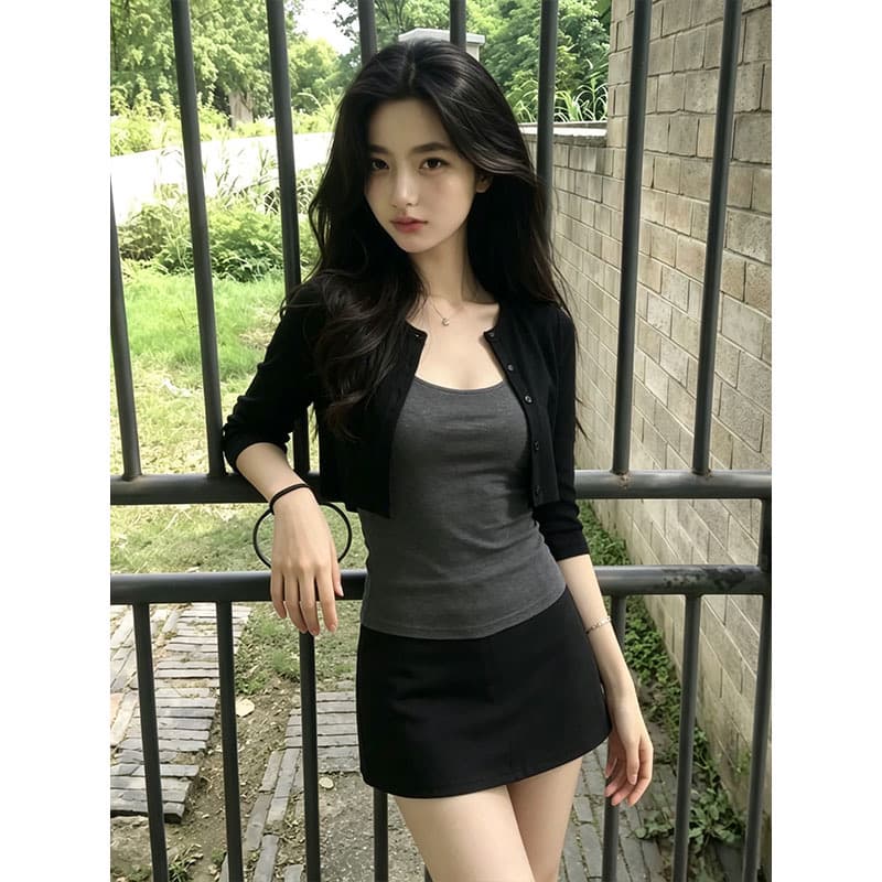 사람들 면 모달 1 1 와 사고 방식 260 그램 한 부서 검정색 오픈 가디건 중간 소매 슬립 투피스 세트 이미지 3