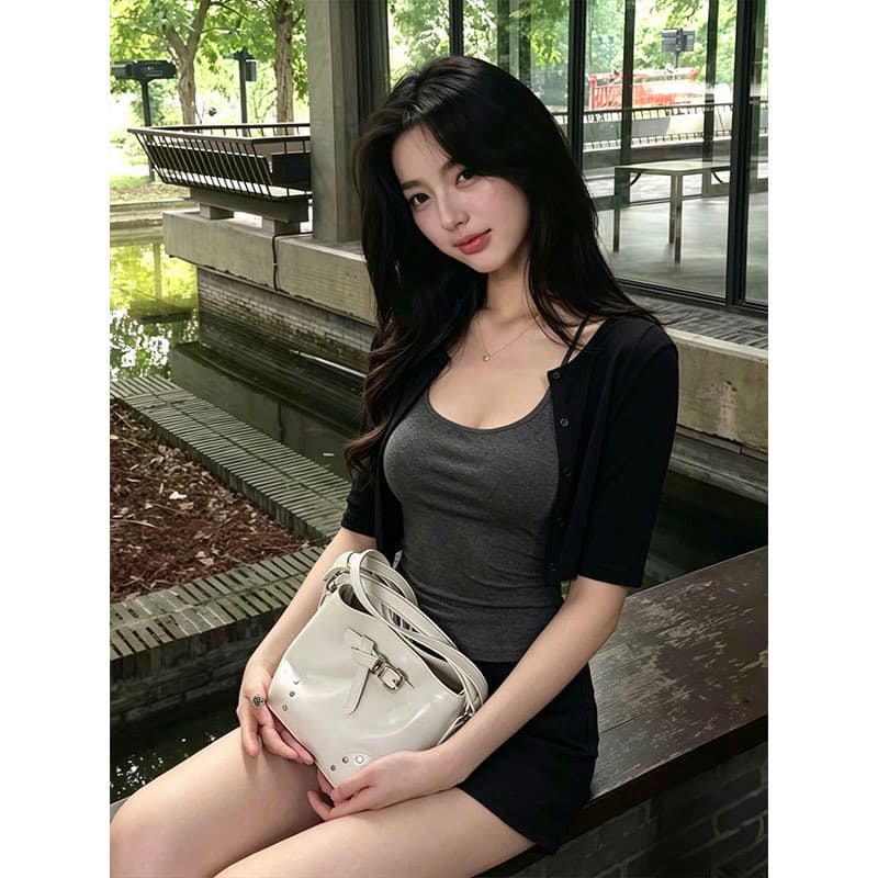 사람들 면 모달 1 1 와 사고 방식 260 그램 한 부서 검정색 오픈 가디건 중간 소매 슬립 투피스 세트 이미지 4