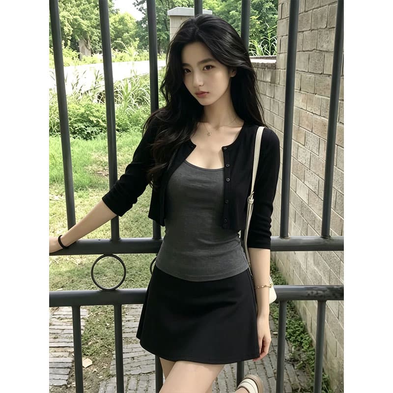 사람들 면 모달 1 1 와 사고 방식 260 그램 한 부서 검정색 오픈 가디건 중간 소매 슬립 투피스 세트 상세 이미지 1