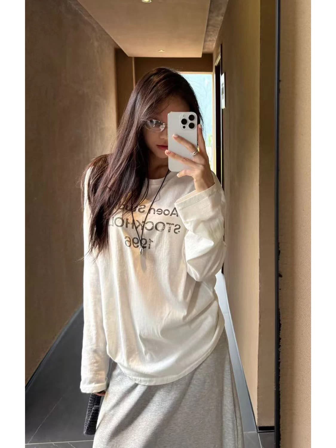 한 부서 순면 라운드 넥 프린트 루즈핏 긴팔 티셔츠 상세 이미지 1