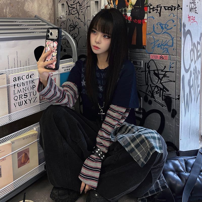 아메리칸 거리 페이크 레이어드 긴팔 티셔츠 여성 봄 레트로 스트라이프 패치워크 디자인 센스 맨위 이미지 5