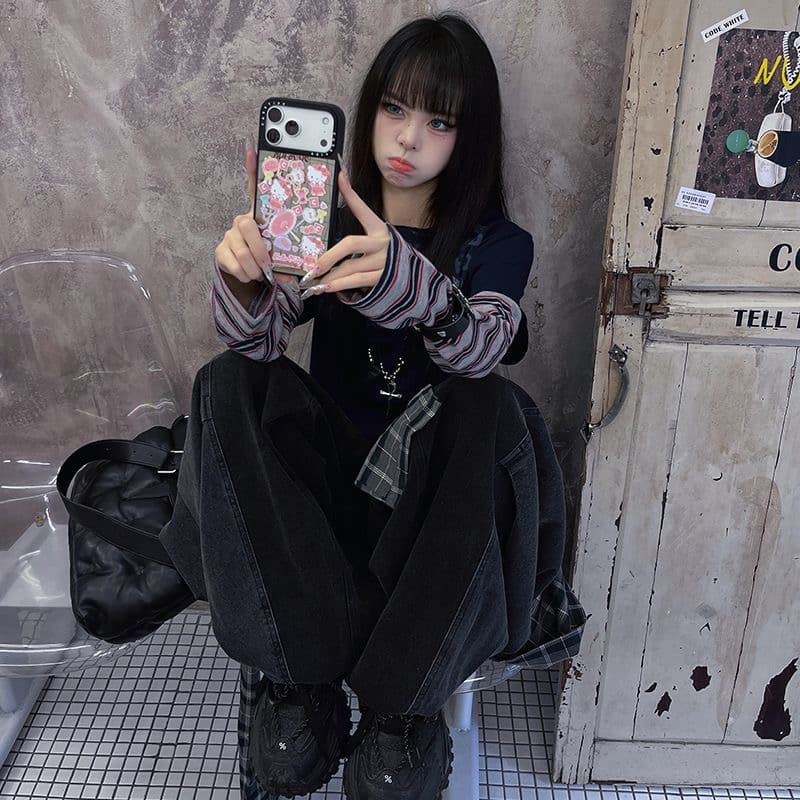 아메리칸 거리 페이크 레이어드 긴팔 티셔츠 여성 봄 레트로 스트라이프 패치워크 디자인 센스 맨위 상세 이미지 2