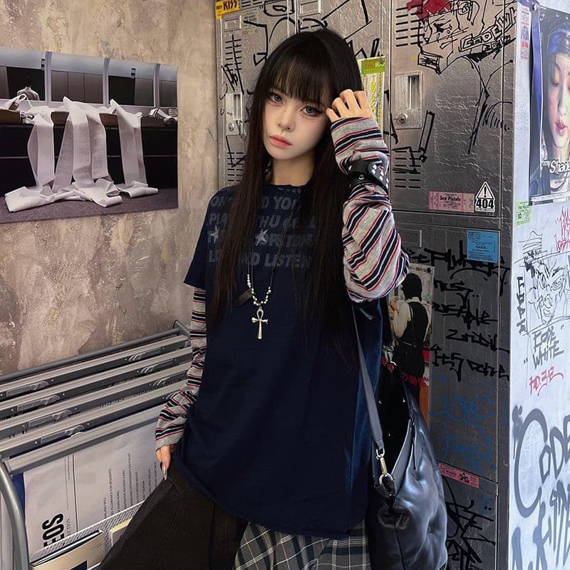 아메리칸 거리 페이크 레이어드 긴팔 티셔츠 여성 봄 레트로 스트라이프 패치워크 디자인 센스 맨위 상세 이미지 3