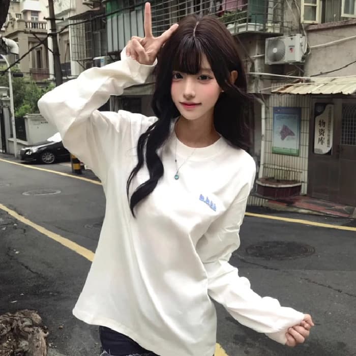 210 그램 21 이후 패키지 칼라 프린트 가을 의상 긴팔 티셔츠 여성 루즈핏 순면 라운드 넥 맨위 상세 이미지 1