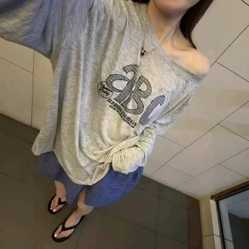 한 부서 비스듬한 어깨 알파벳 프린트 긴팔 자외선 차단 블라우스 티셔츠
