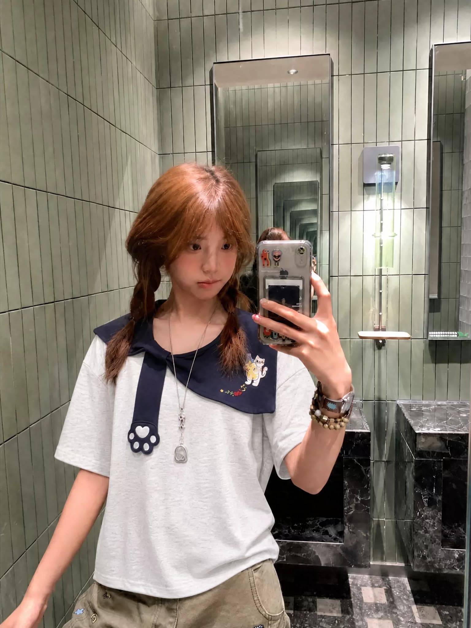 220g 순면 원본 귀여운 새끼 고양이 자수 해군 칼라 반팔 맨위 티셔츠 여성 상세 이미지 3