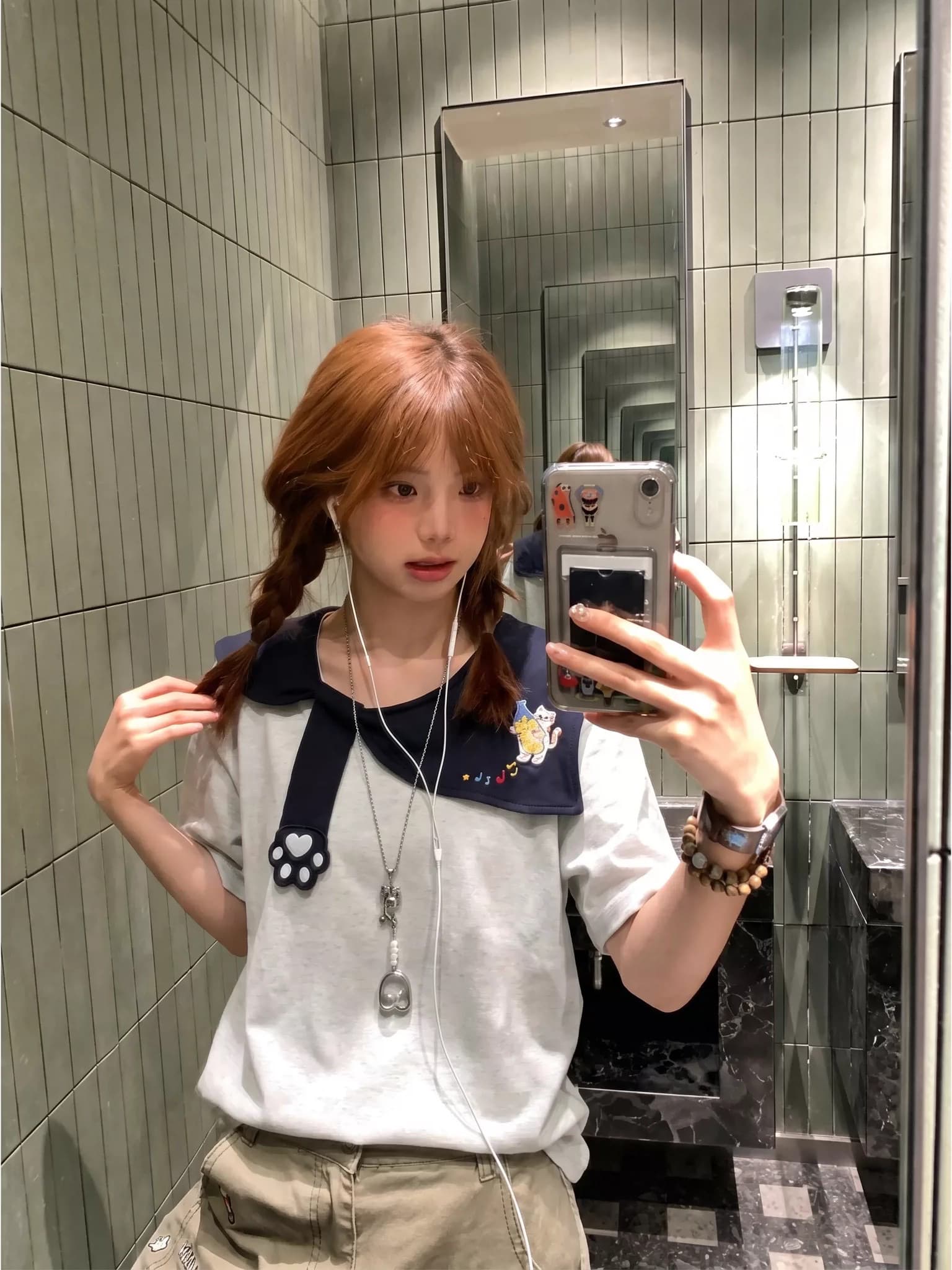 220g 순면 원본 귀여운 새끼 고양이 자수 해군 칼라 반팔 맨위 티셔츠 여성 상세 이미지 5