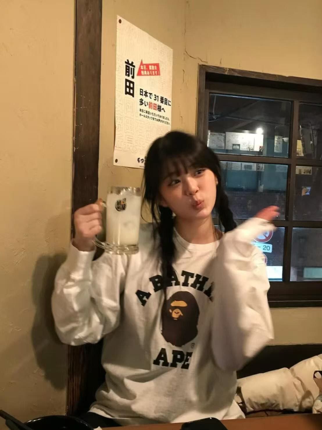 원본 것 순면 200그램 21 음식 털 느낌 프린트 루즈핏 만나는 손 소매 뭉치 구두 긴팔 티셔츠 이미지 2