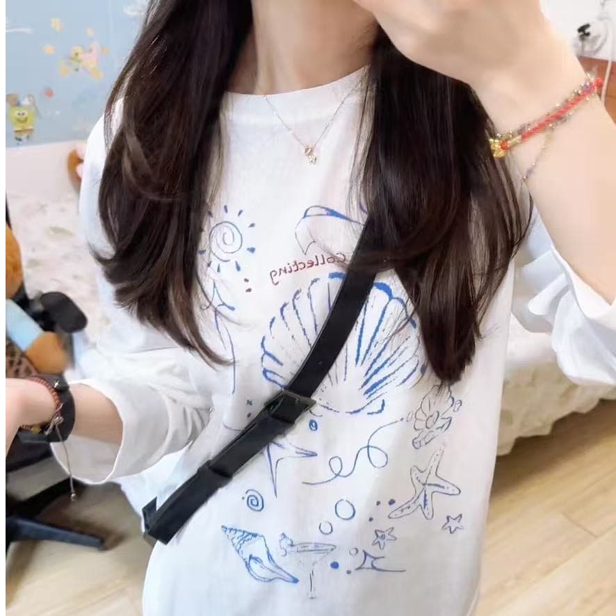 210 그램 21 이후 패키지 칼라 프린트 가을 의상 긴팔 티셔츠 여성 루즈핏 순면 라운드 넥 맨위 상세 이미지 1