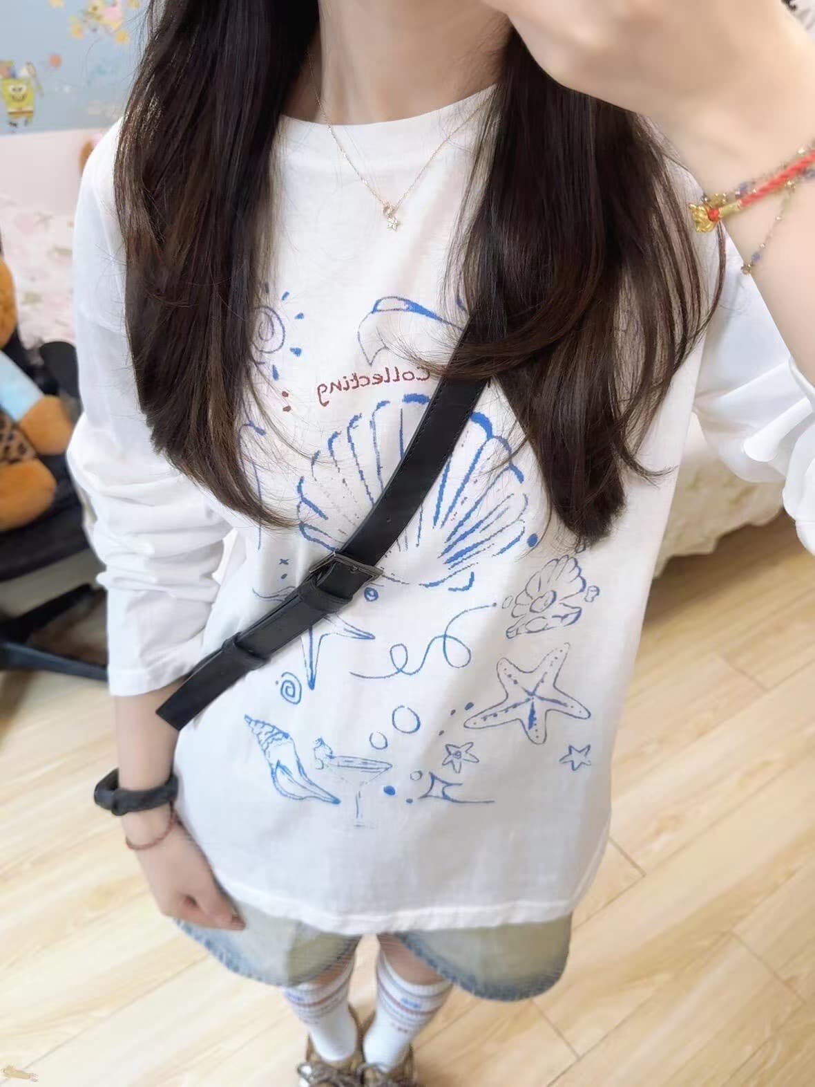 210 그램 21 이후 패키지 칼라 프린트 가을 의상 긴팔 티셔츠 여성 루즈핏 순면 라운드 넥 맨위 상세 이미지 2