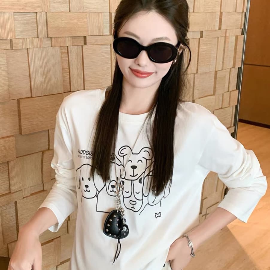 210 그램 21 이후 패키지 칼라 프린트 가을 의상 긴팔 티셔츠 여성 루즈핏 순면 라운드 넥 맨위