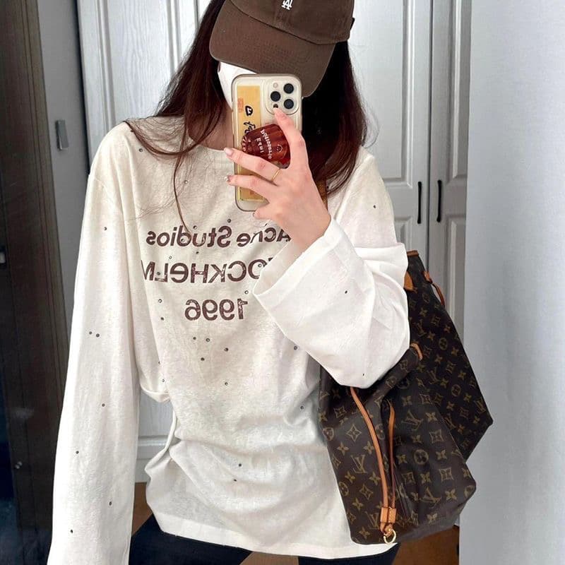 원본 원단 눈꽃 면 65 면 긴팔 티셔츠 여성 핫픽스 알파벳 프린트 루즈핏 자외선 차단 맨위