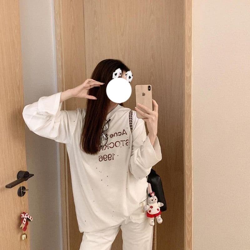 원본 원단 눈꽃 면 65 면 긴팔 티셔츠 여성 핫픽스 알파벳 프린트 루즈핏 자외선 차단 맨위 이미지 5