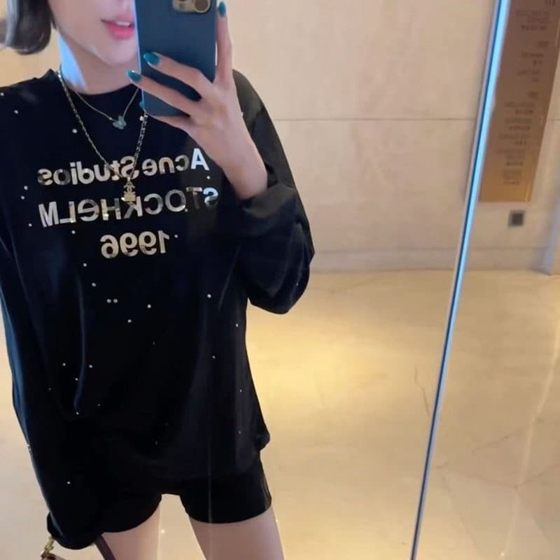 원본 원단 눈꽃 면 65 면 긴팔 티셔츠 여성 핫픽스 알파벳 프린트 루즈핏 자외선 차단 맨위 상세 이미지 5