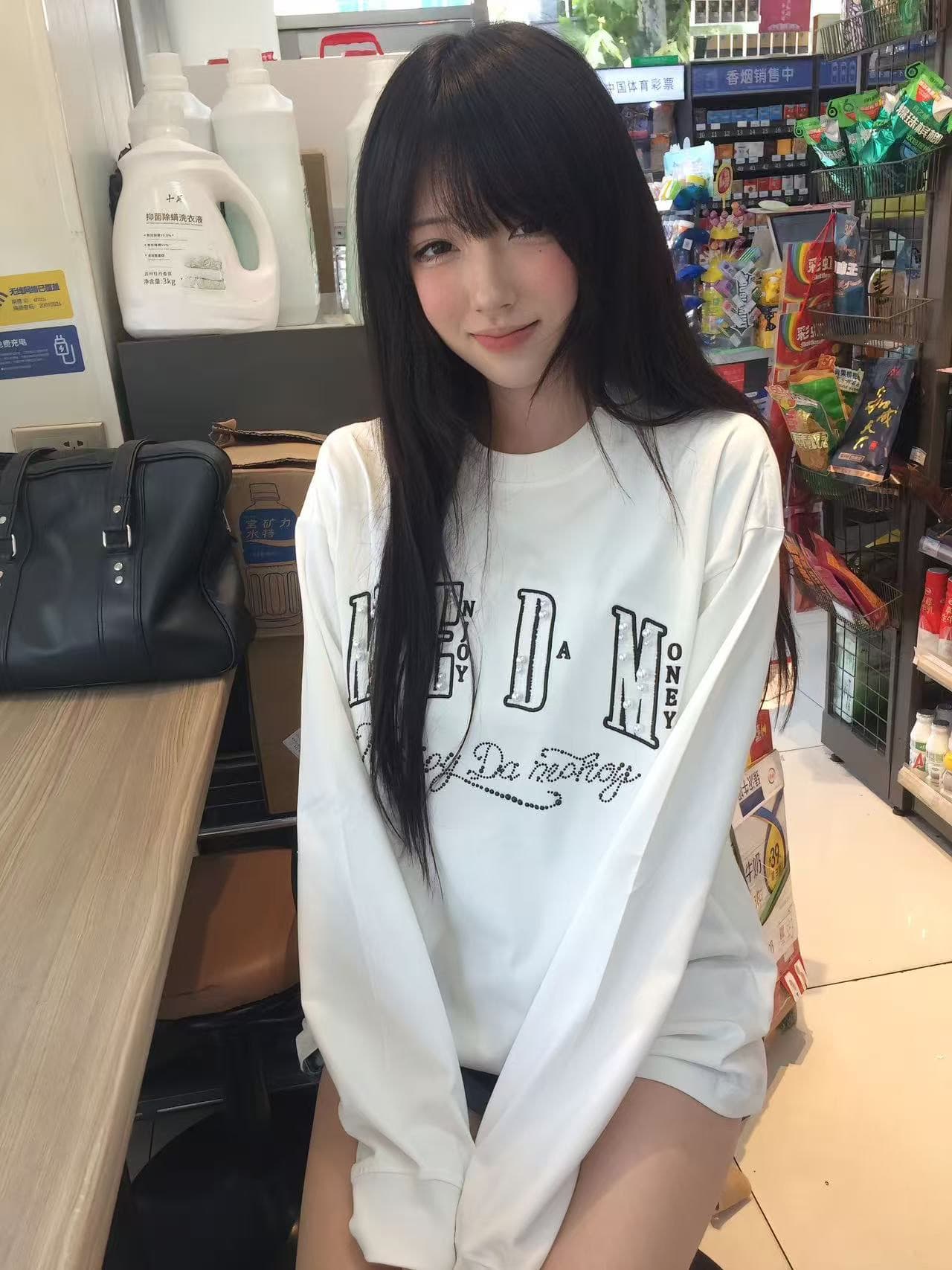 원본 작은 샤넬 스타일 자수 비즈 박기 핫픽스 19 지점 220 그램 순면 긴팔 티셔츠 이미지 3