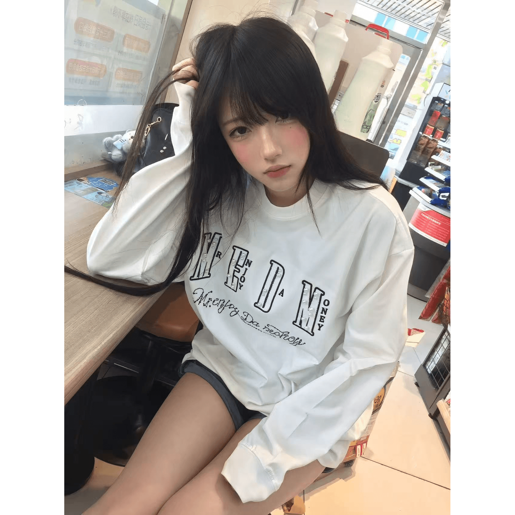 원본 작은 샤넬 스타일 자수 비즈 박기 핫픽스 19 지점 220 그램 순면 긴팔 티셔츠 이미지 5